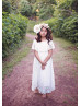 Cape Sleeves Ivory Lace Ankle Length Flower Girl Dress